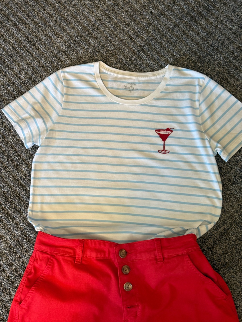 J. Crew Light Blue & White Striped Collector Tee with Red Cocktail embroidered o